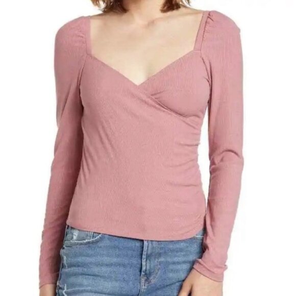 Nordstrom Tops - Nordstrom Long Sleeve Faux Wrap Top Pink NOne Sizetalgia Size‎ Small Puff Sleeve